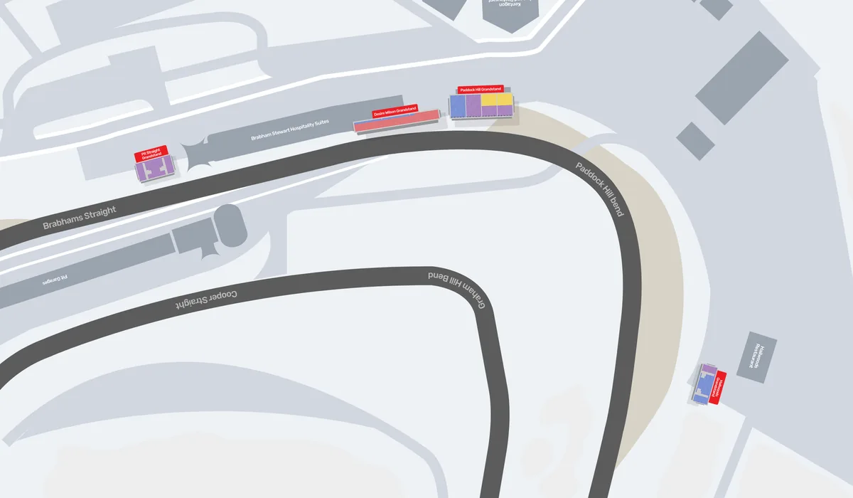 Map of Brands Hatch showing Pit Straight and Desire Wilson grandstands along Brabham Straight, Paddock Hill Grandstand at Paddock Hill Bend, and Hailwoods Grandstand on the hill beyond it
